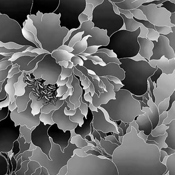 Fabric with a large peony design in tonal shades of gray and black.