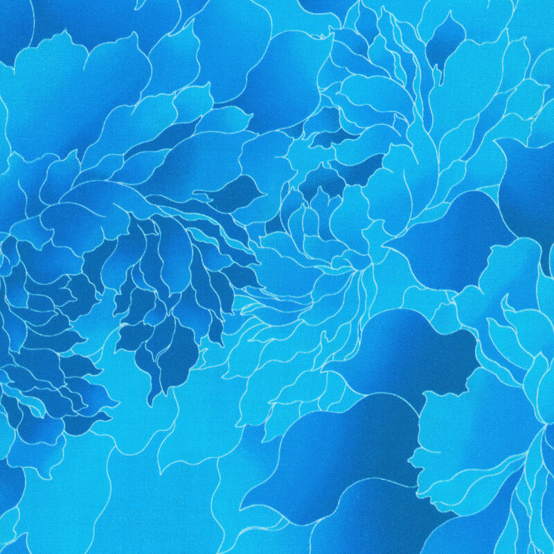 Fabric with a large peony design in tonal shades of cerulean and cyan.