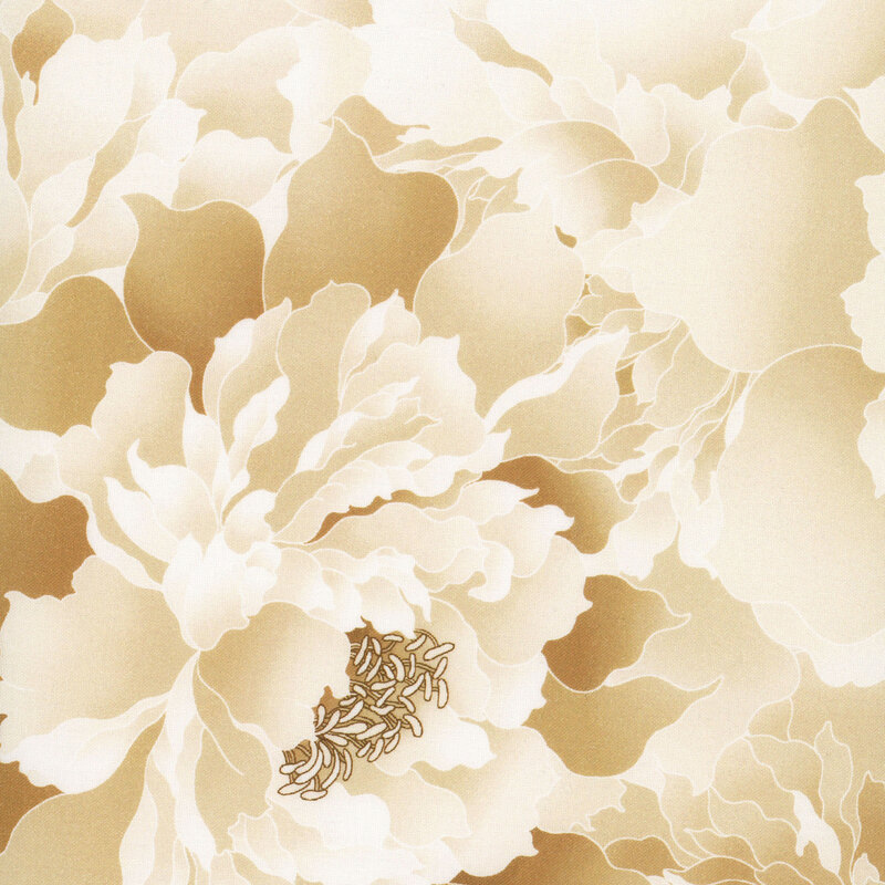 Fabric with a large peony design in tonal shades of cream and tan.