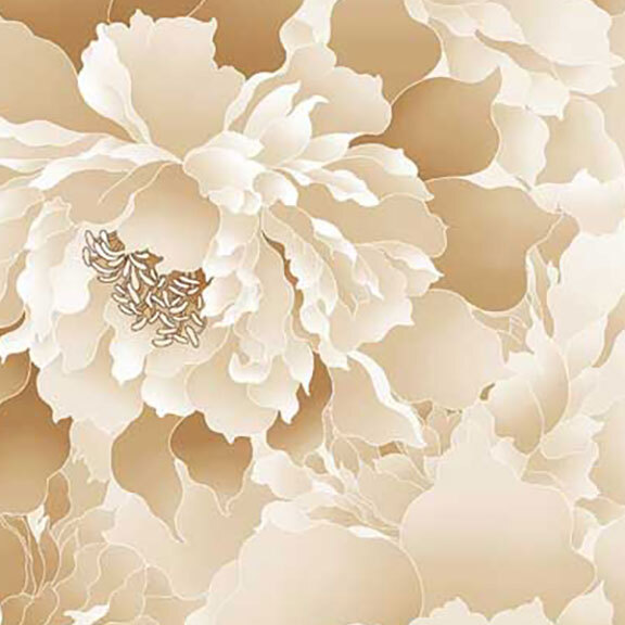 Fabric with a large peony design in tonal shades of cream and tan.