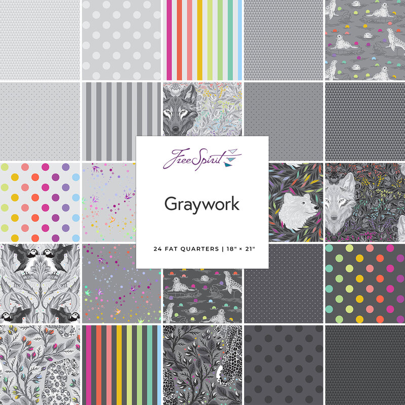Collage of gray fabrics in the Graywork Fat Quarter Set featuring polka dots, stripes, and animal designs with colorful accents. 