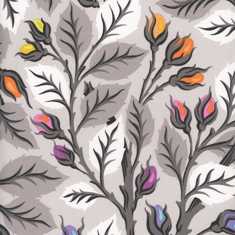 Gray fabric covered with leafy vines and colorful flower buds