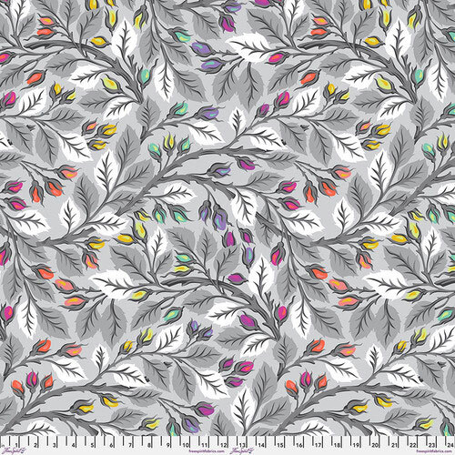 Gray fabric covered with leafy vines and colorful flower buds