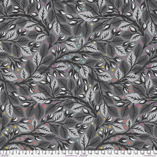 Dark gray fabric covered with leafy vines and flower buds with tiny colorful hearts and stars throughout