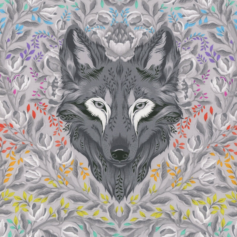 Light gray fabric featuring wolves and flower buds with colorful leaves