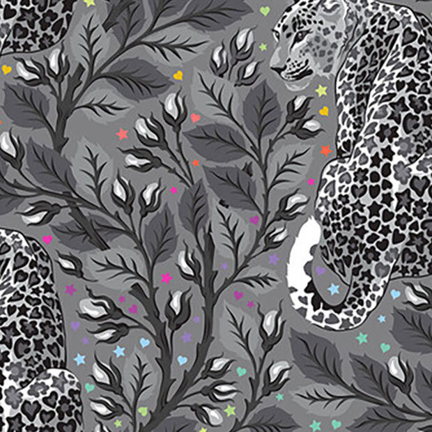 Dark gray fabric featuring leopards and leafy vines with flower buds surrounded by tiny colorful hearts and stars