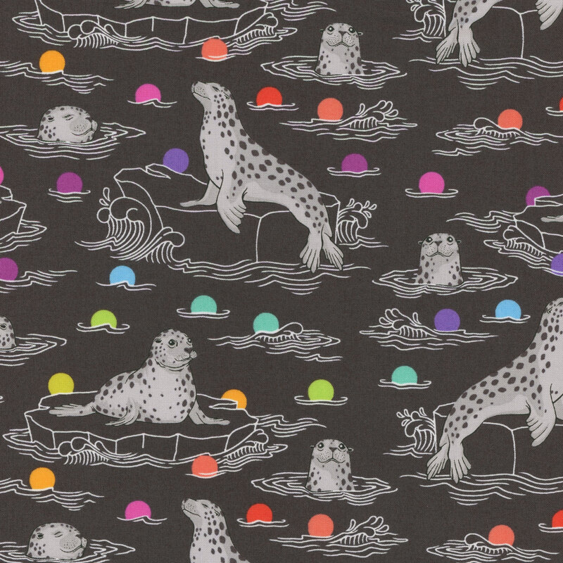 Warm black fabric featuring leopard seals on icebergs in water, with colorful circles.