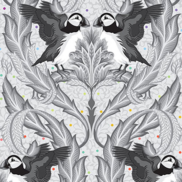 Light gray fabric featuring a decorative design with puffins surrounded by ornate foliage and flowers with colorful dots.