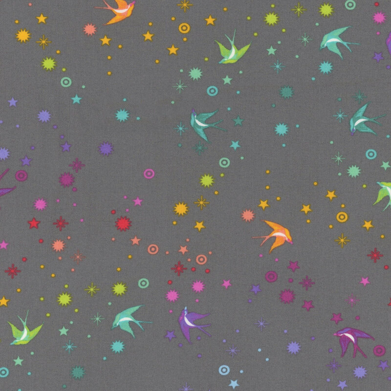 Dark gray fabric featuring colorful birds and whimsical shapes.