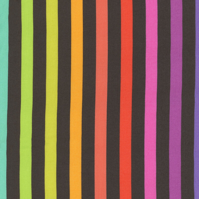 A multicolored striped pattern on a warm black background.