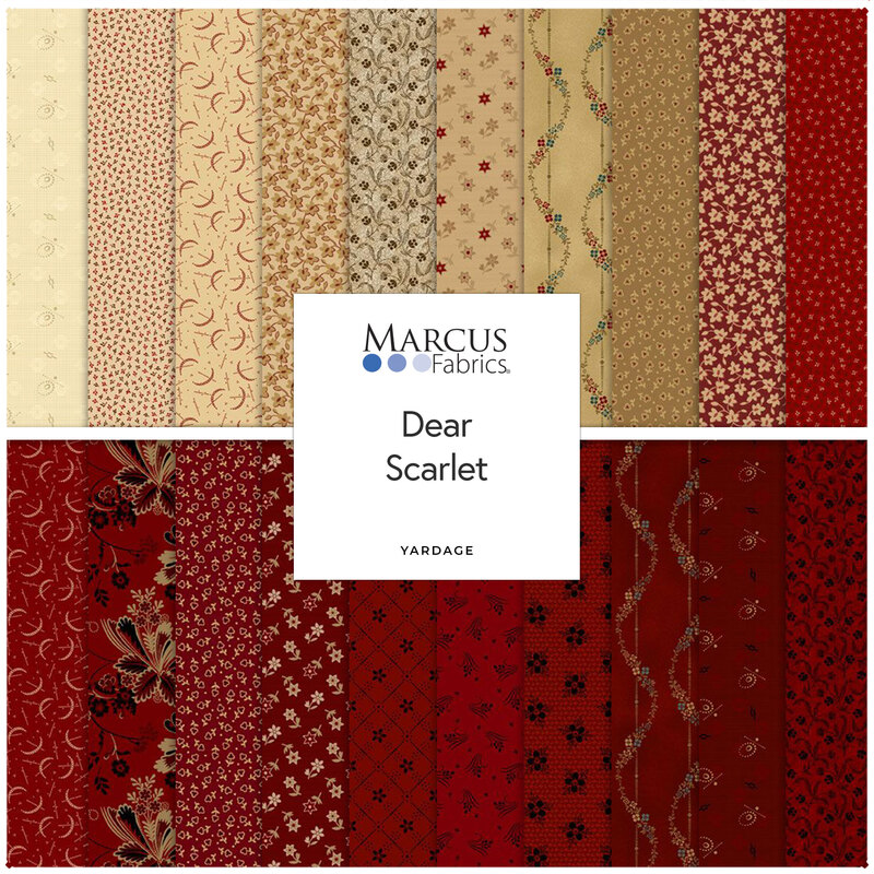 A collage of various fabric patterns in cream and red tones, labeled Dear Scarlet by Marcus Fabrics.