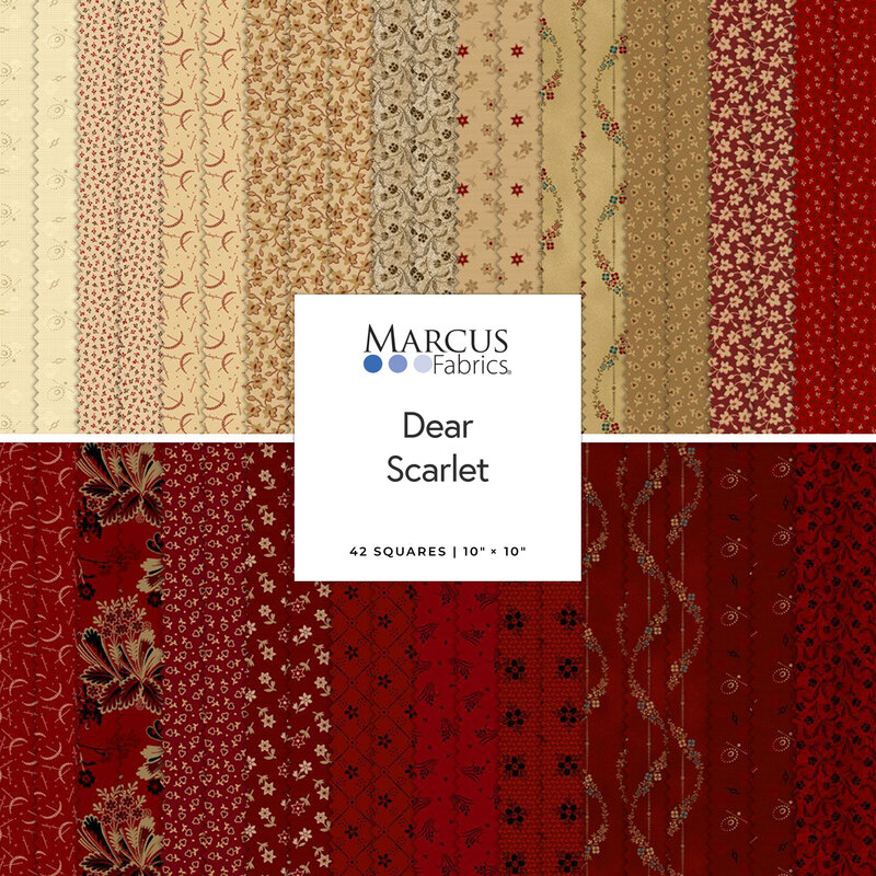 Fabric collection titled Dear Scarlet by Marcus Fabrics featuring 42 patterned squares in red and tan hues.