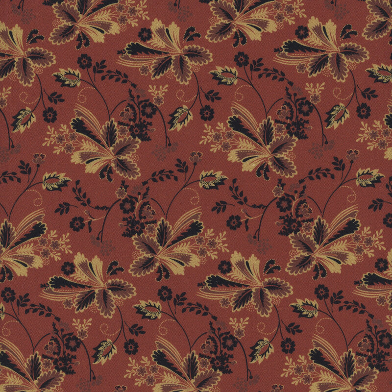 Textile pattern featuring intricate floral designs in tan and black on a muted red background.