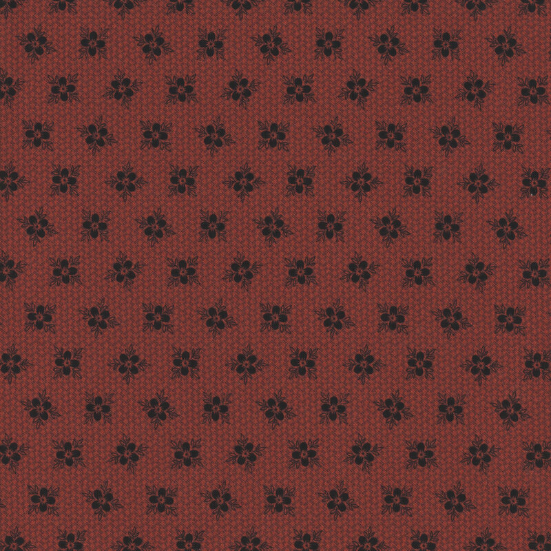 Red fabric with a repeating pattern of small black flowers.