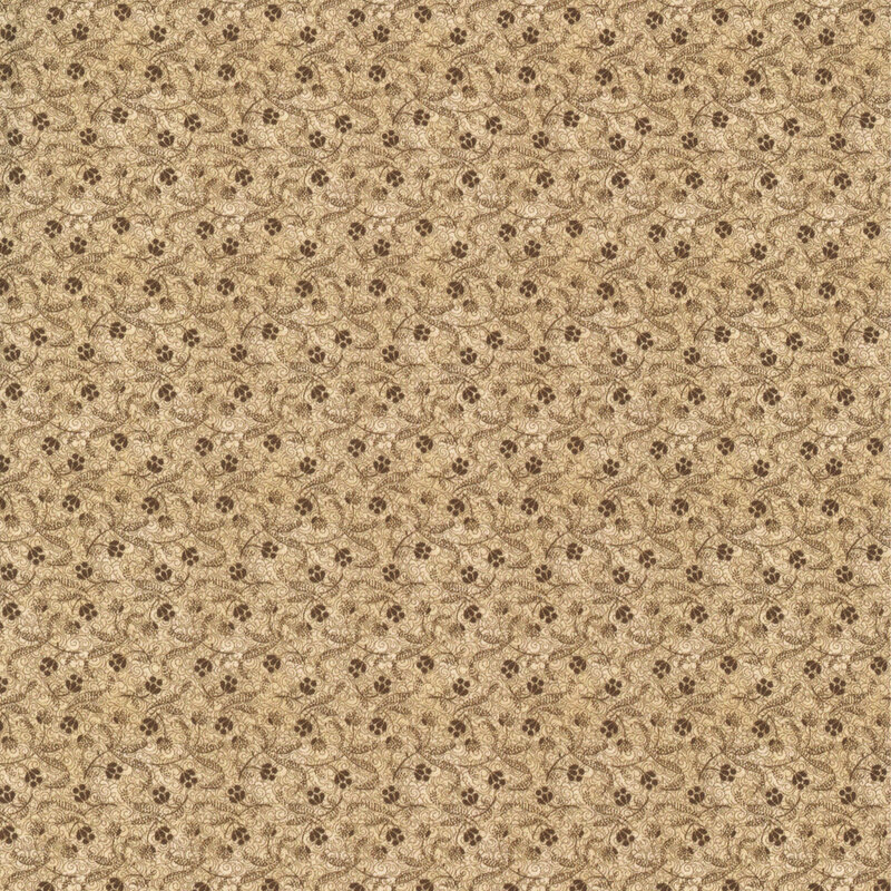 Repeating floral pattern in warm beige tones with intricate details and subtle browns.