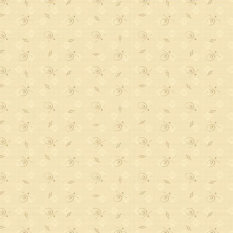 Light beige fabric pattern featuring small, swirling designs and abstract shapes throughout.