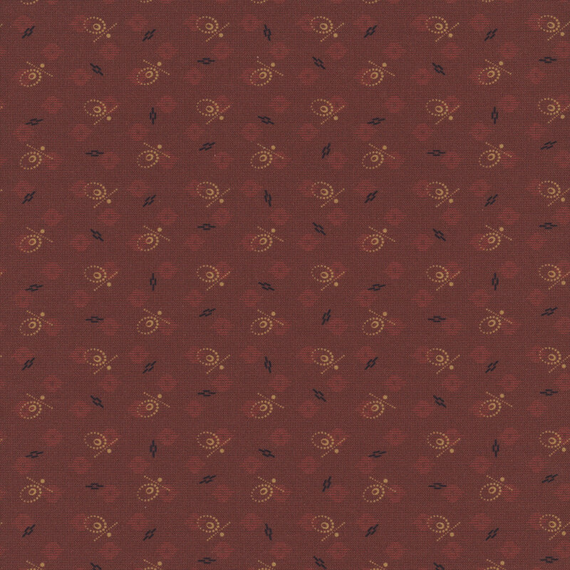 Patterned fabric featuring a rich red background with white spiral and leaf motifs.