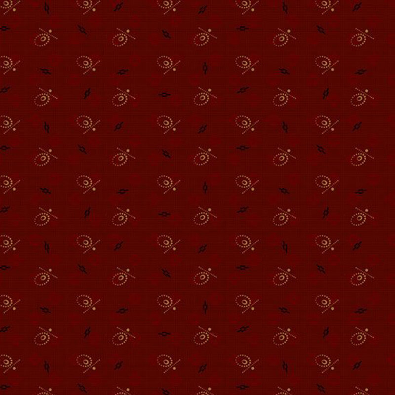 Patterned fabric featuring a rich red background with white spiral and leaf motifs.