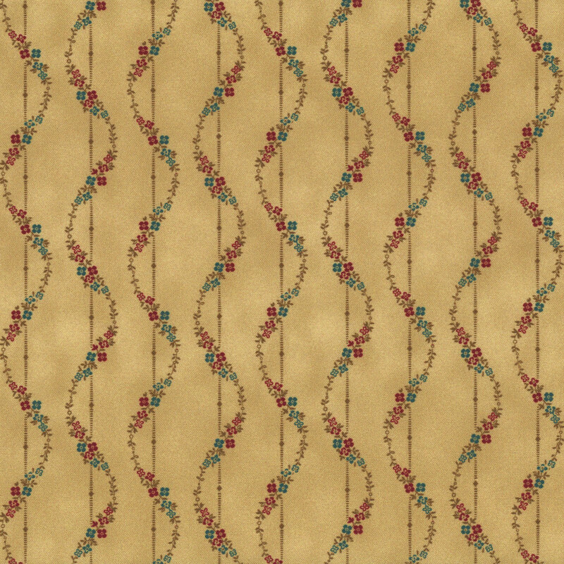 Repeating floral pattern on a beige background with curving vines and small red and blue flowers.