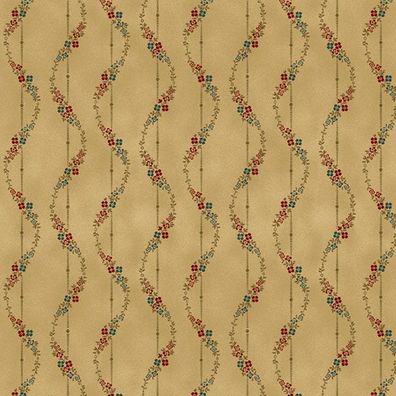 Repeating floral pattern on a beige background with curving vines and small red and blue flowers.