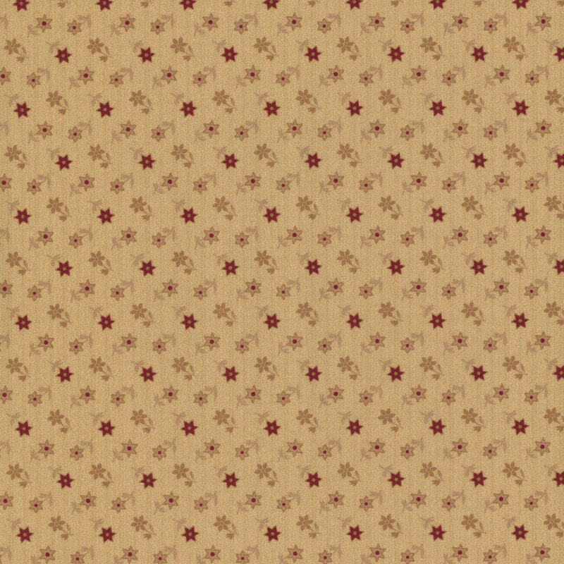 Beige fabric with a repeating pattern of small red and cream flowers.