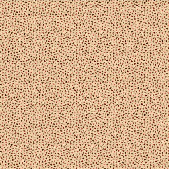 A beige fabric pattern featuring small red and green floral motifs scattered throughout.