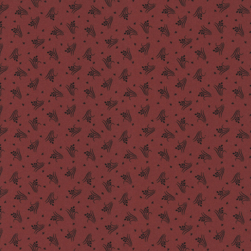 A textured red background with small black floral patterns.