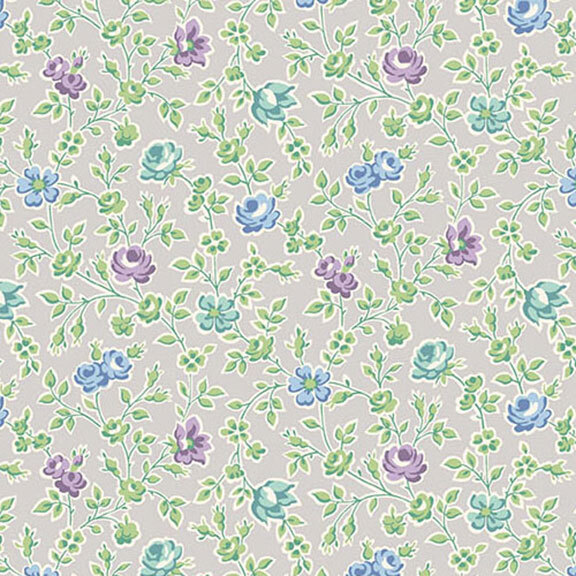 Gray fabric featuring a floral pattern of blue, teal, and purple roses with green leaves.