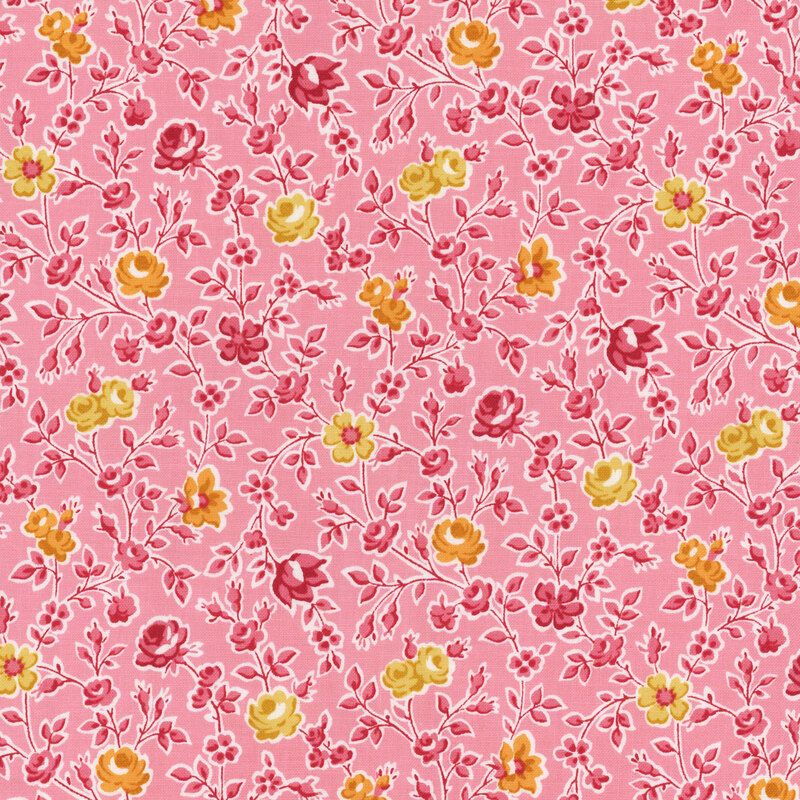 Pink fabric featuring a floral pattern of pink, yellow, and orange roses with pink leaves.