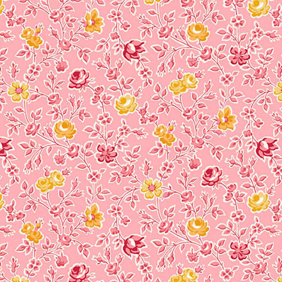 Pink fabric featuring a floral pattern of pink, yellow, and orange roses with pink leaves.