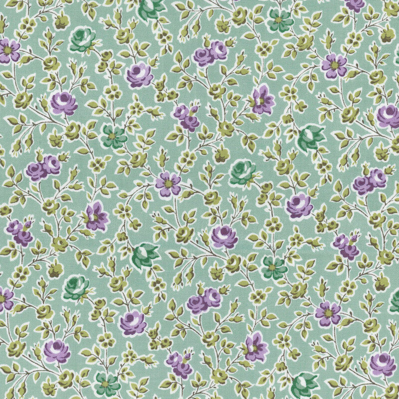 Turquoise fabric featuring a floral pattern of teal and purple roses with green leaves.