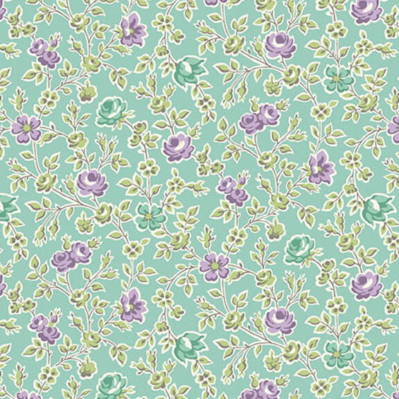 Turquoise fabric featuring a floral pattern of teal and purple roses with green leaves.
