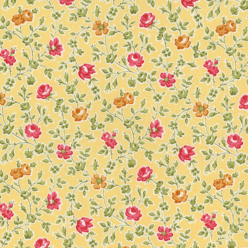 Light yellow fabric featuring a floral pattern of pink and orange roses with green leaves.