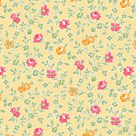 Light yellow fabric featuring a floral pattern of pink and orange roses with green leaves.
