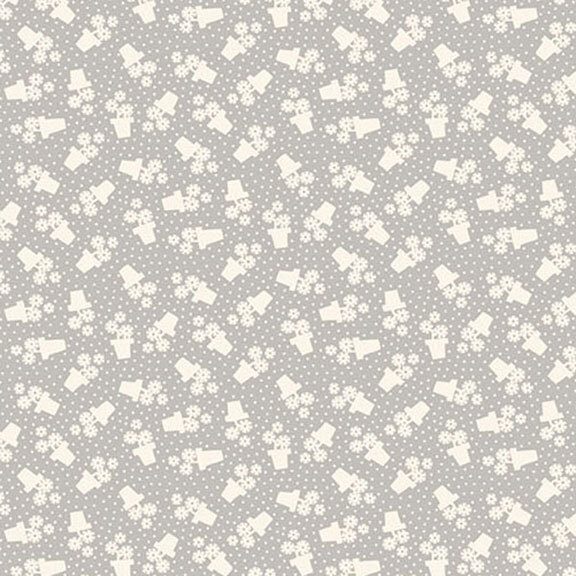 Gray fabric featuring a pattern of white dots and flower pots.