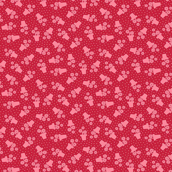 Red fabric featuring a pattern of pink dots and flower pots.