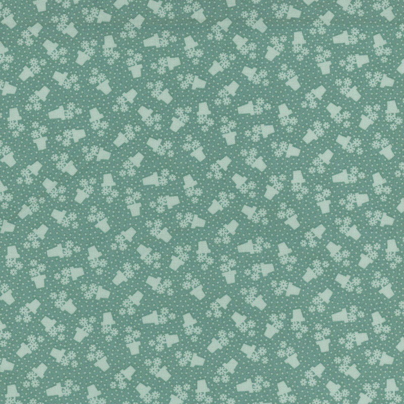 Turquoise fabric featuring a pattern of tonal dots and flower pots.
