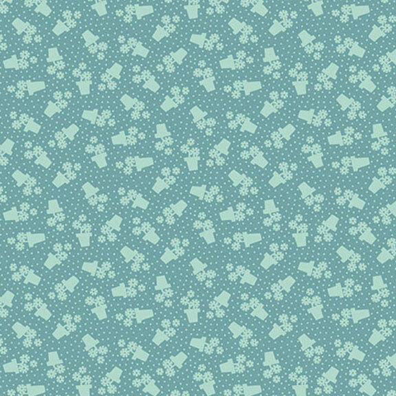 Turquoise fabric featuring a pattern of tonal dots and flower pots.