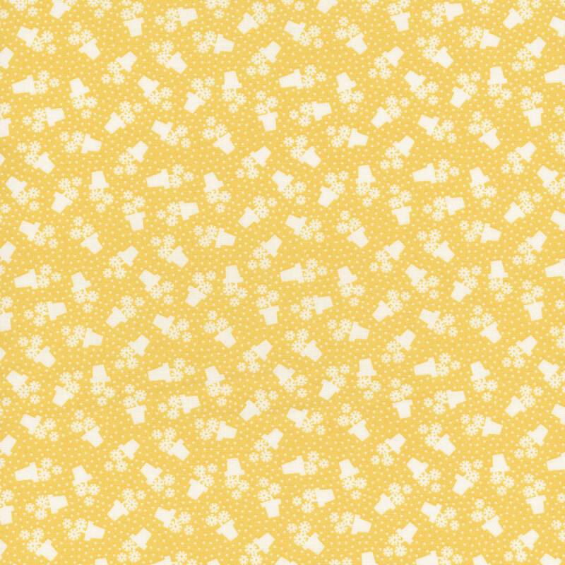 Yellow fabric featuring a pattern of white dots and flower pots.