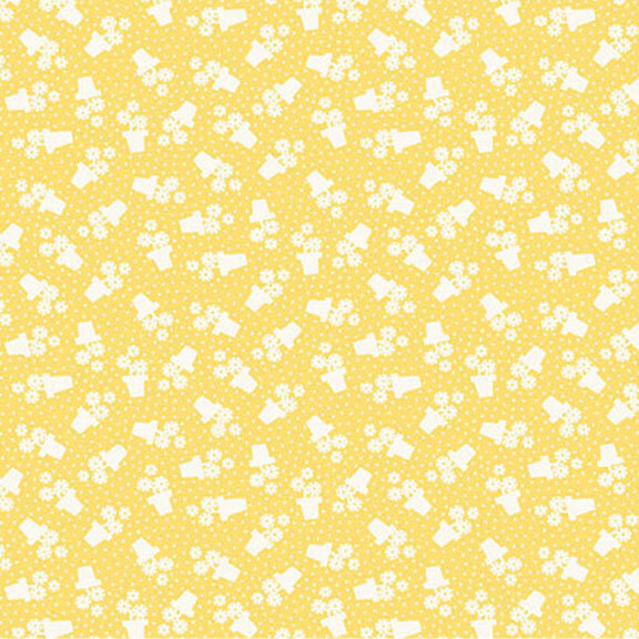 Yellow fabric featuring a pattern of white dots and flower pots.