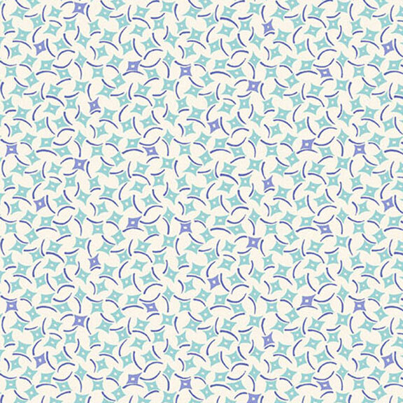 Cream fabric featuring a pattern of blue and turquoise diamonds.