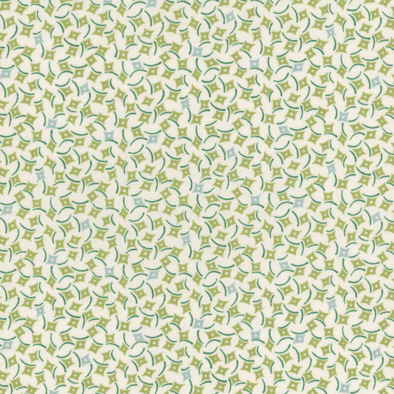 Cream fabric featuring a pattern of light green and turquoise diamonds.