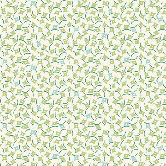 Cream fabric featuring a pattern of light green and turquoise diamonds.