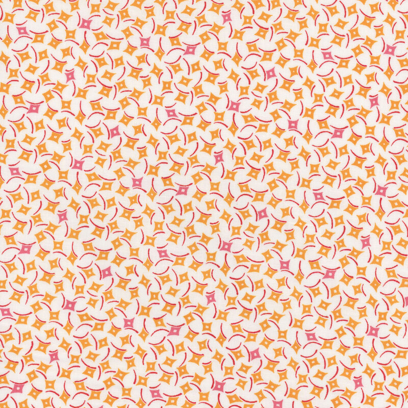 Cream fabric featuring a pattern of orange and pink diamonds.