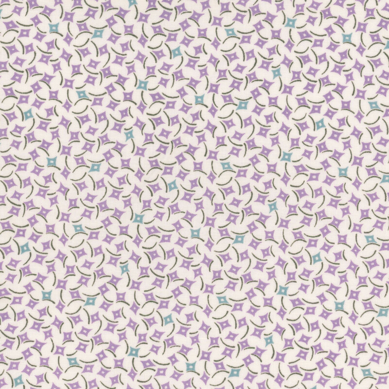 Cream fabric featuring a pattern of purple and turquoise diamonds.