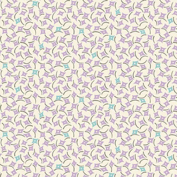 Cream fabric featuring a pattern of purple and turquoise diamonds.