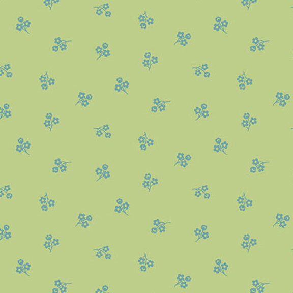 Green fabric with a repeating pattern of small blue flowers.
