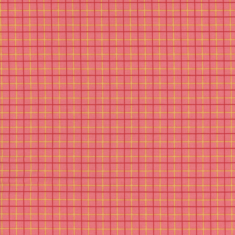 A bright pink plaid pattern with thin yellow and darker pink grid lines.