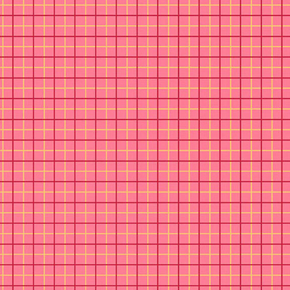 A bright pink plaid pattern with thin yellow and darker pink grid lines.