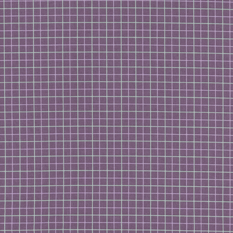 A purple plaid pattern with thin turquoise and lighter purple grid lines.
